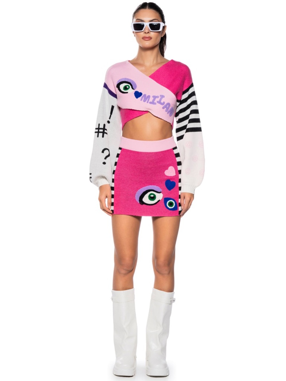 AKIRA Pink Graphic Knit Mini Skirt with Black & White Stripe - Picture 7 of 7